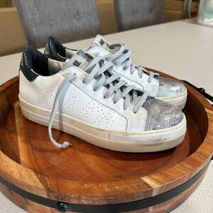 P448 Thea Platform Leather Low Top Sneakers 39 US 9 White Leather Silver Shimmer